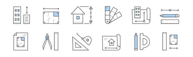 Architecture icons, house project, measure tools vector