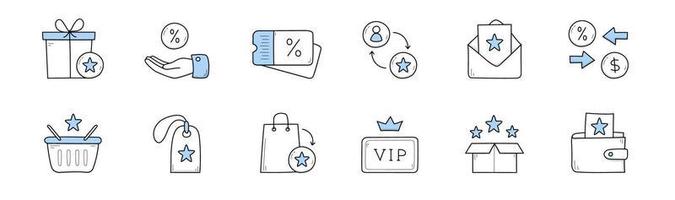 Set of loyalty program doodle icons, reward, bonus vector