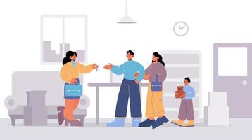 Family with child buying house, real estate agent vector