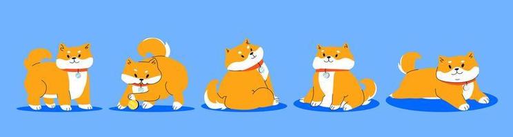 feliz shiba inu perro personaje de dibujos animados poses conjunto vector