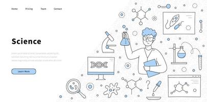 banner de ciencia con hombre científico en laboratorio vector