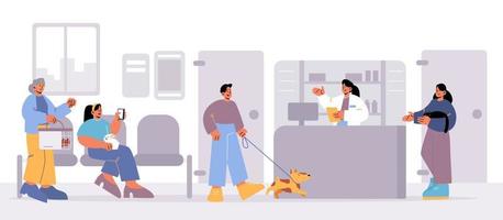 People visit vet clinic, pet owners with animals vector