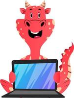 Red dragon is holding lap top, illustration, vector on white background.