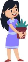 Girl holding a plant, illustration, vector on white background.
