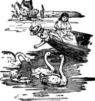 Children and Swans, vintage illustration. vector