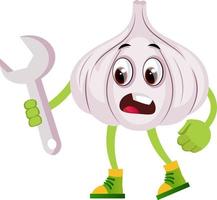 garlic holding wrench, illustration, vector on white background.