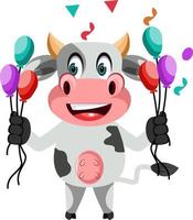 Cow with balloons, illustration, vector on white background.