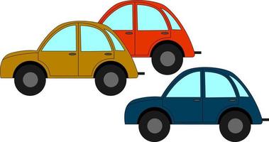 Yellow red and bluie car, illustration, vector on white background.