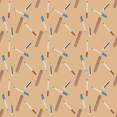 Pens and ruler, seamless pattern on orange background.