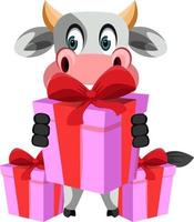 Cow with birthday present, illustration, vector on white background.