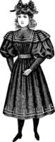 Dress has puffed sleeves and a fitted waist, vintage engraving. vector