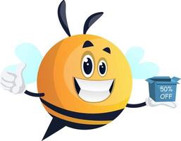 Yellow smiling bee, 50 percent sale, illustration, vector on white background.