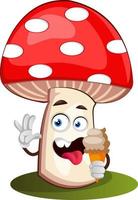 Mushroom eating ice cream, illustration, vector on white background.