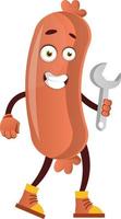 Sausage with wrench, illustration, vector on white background.