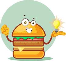 Burger is holding a light bulb, illustration, vector on white background.