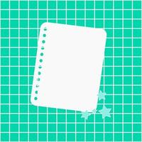 White note paper on a green grid background. A sheet of notebook paper place on green checker background with little star. Vector illustration, flat style.