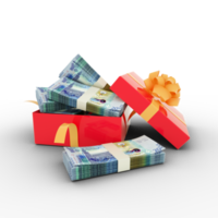 Stapel kuwaitischer Dinar-Noten in einer offenen roten Geschenkbox. Bündel kuwaitischer Dinar in einer Geschenkbox. 3D-Rendering von Geld innerhalb der Box isoliert auf transparentem Hintergrund png