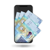 Ilustración 3d de billetes de dinares kuwaitíes dentro del teléfono móvil png