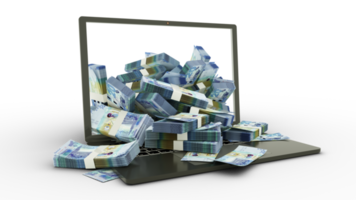 3D rendering of Kuwaiti dinar notes coming out of a Laptop monitor isolated on transparent background. stacks of Kuwaiti dinars notes inside a laptop. money from computer, money from laptop png