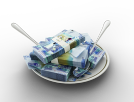 Representación 3d de billetes de dinares kuwaitíes en el plato. dinero gastado en concepto de comida. gastos de comida, comida cara, concepto de gasto de dinero. comer dinero, mal uso del dinero