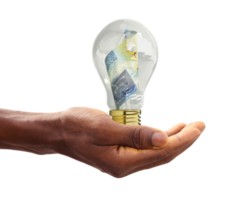 Black Hand holding 3d rendered Kuwaiti dinar note inside transparent light bulb, creative thinking. Making money by solving problem. Having idea concept png