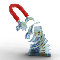 3D rendering of Horseshoe magnet attracting Kuwaiti dinar notes isolated on transparent background. Attracting money concept. Strategy for a successful business png