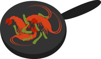 Shrimp in a pan, illustration, vector on white background.