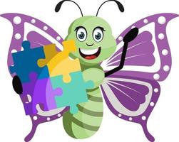 Butterfly with puzzle, illustration, vector on white background.