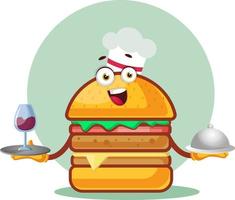 chef burger está sosteniendo una comida y una copa de vino, ilustración, vector sobre fondo blanco.