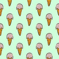 Ice cream in a cone,seamless pattern on green background. vector