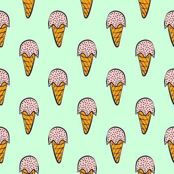 Ice cream in a cone,seamless pattern on green background. vector