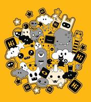 Vector Illustration Of Doodle Monsters Background Yellow