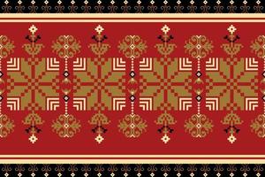 Knitted embroidery geometric ethnic oriental seamless pattern on red background. vector