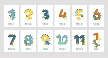 Baby Milestone Dino Boy Cards. Baby Milestone cards with dino numbers for newborn boy. 1-11 months and 1 year. vector