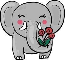 Elephant with flowers, illustration, vector on white background.