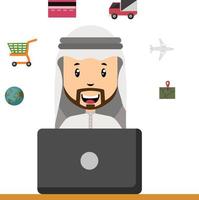 Arab with laptop, illustration, vector on white background.