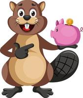 Beaver with piggy bank, illustration, vector on white background.