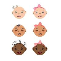 Retratos frontales de recién nacidos sorprendidos. conjunto de caras de bebés multirraciales. niños y niñas diminutos. ilustraciones vectoriales dibujadas a mano de estilo plano. vector