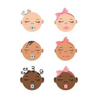 Sleeping newborns frontal portraits. Set of Multiracial baby faces. Tiny boys and girls. Flat style hand drawn vector illustrations.