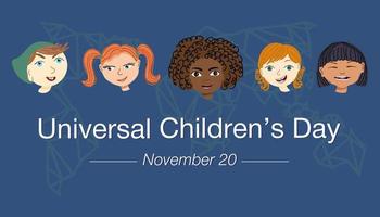 Universal children's day. Portraits of multiracial little kids.  World holiday banner. Flat style vector illustration.