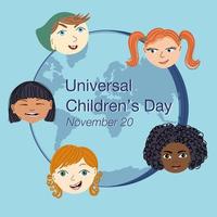 Universal children's day. Portraits of multiracial little kids.  World holiday banner. Flat style vector illustration.