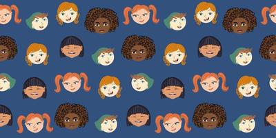 Seamless pattern with portraits of multiracial little kids.  Cute background with children faces. Flat style vector illustration.