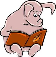 Pig reading book, illustration, vector on white background