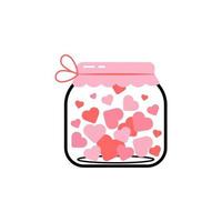 A charming jar with pink hearts for St. Valentine's Day. Vector illustration in line art and flat style