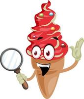 Ice cream with magnifying glass, illustration, vector on white background.