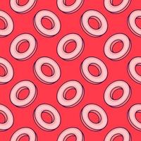 Delicious donuts, seamless pattern on red background. vector