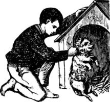 niño jugando con perro, ilustración vintage. vector