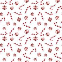 Festive Christmas wallpaper with candy canes and round swirl candy. Vector background for printing, winter holidays, greeting cards, fabric, textiles, and wrapping paper. Isolated on white background.