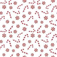 Festive Christmas wallpaper with candy canes and round swirl candy. Vector background for printing, winter holidays, greeting cards, fabric, textiles, and wrapping paper. Isolated on white background.