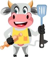 Cow with rolling pin, illustration, vector on white background.